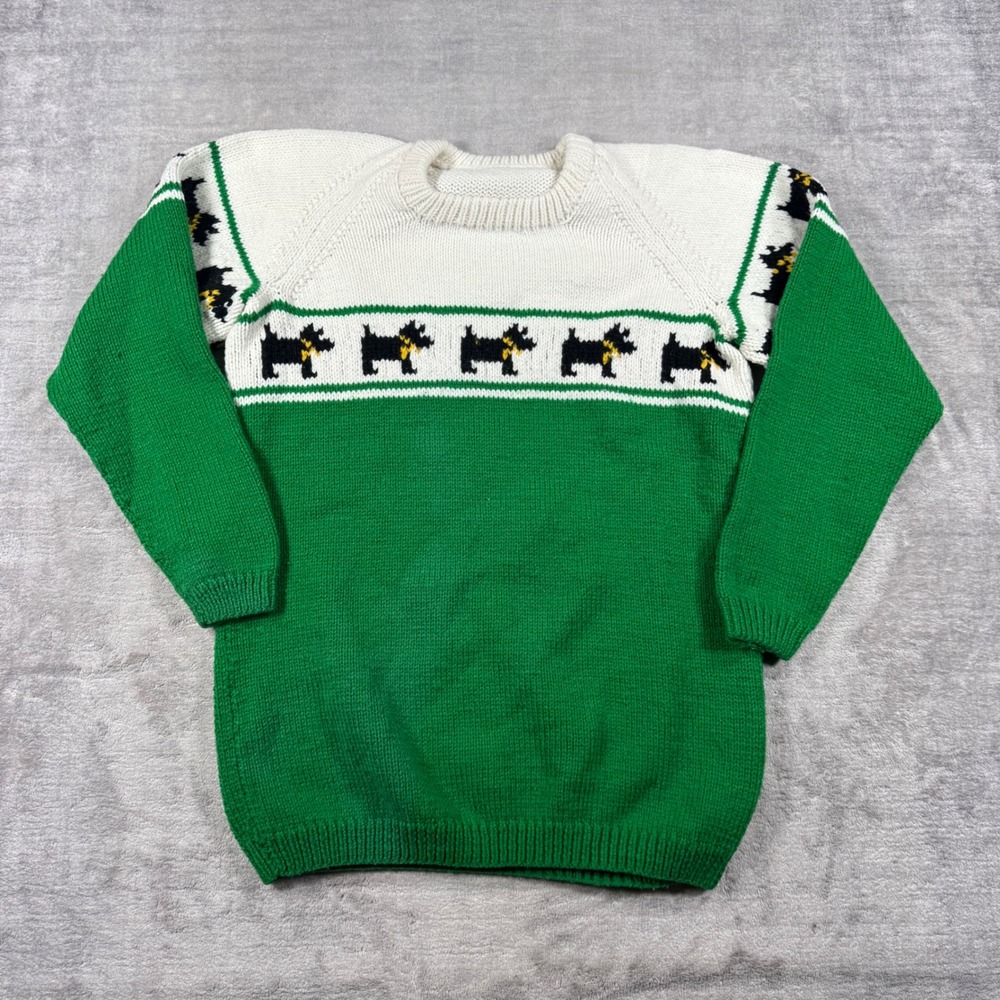 Vintage Scottie Dog Knit Sweater Women Large Green Pullover Intarsia Fair Isle